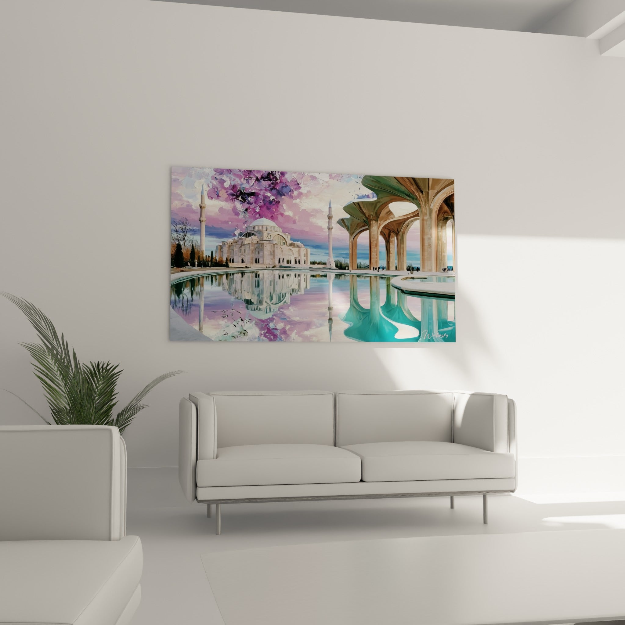 Bassin turquoise reflétant la mosquée et le ciel violet, disposé au-dessus d'un canapé dans un salon lumineux