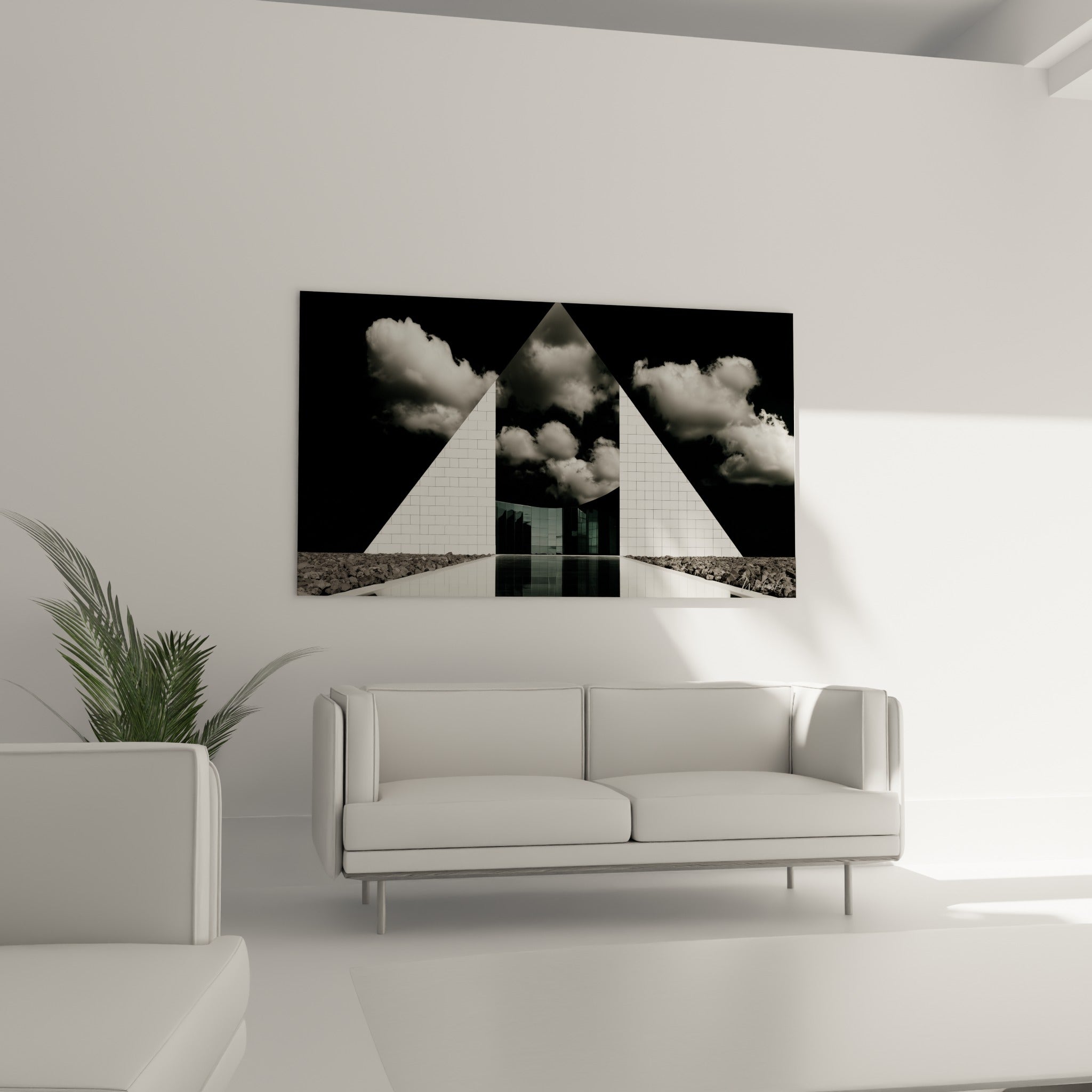 Reflets géométriques noir et blanc du tableau architecture abstrait au-dessus d'un canapé dans un salon lumineux