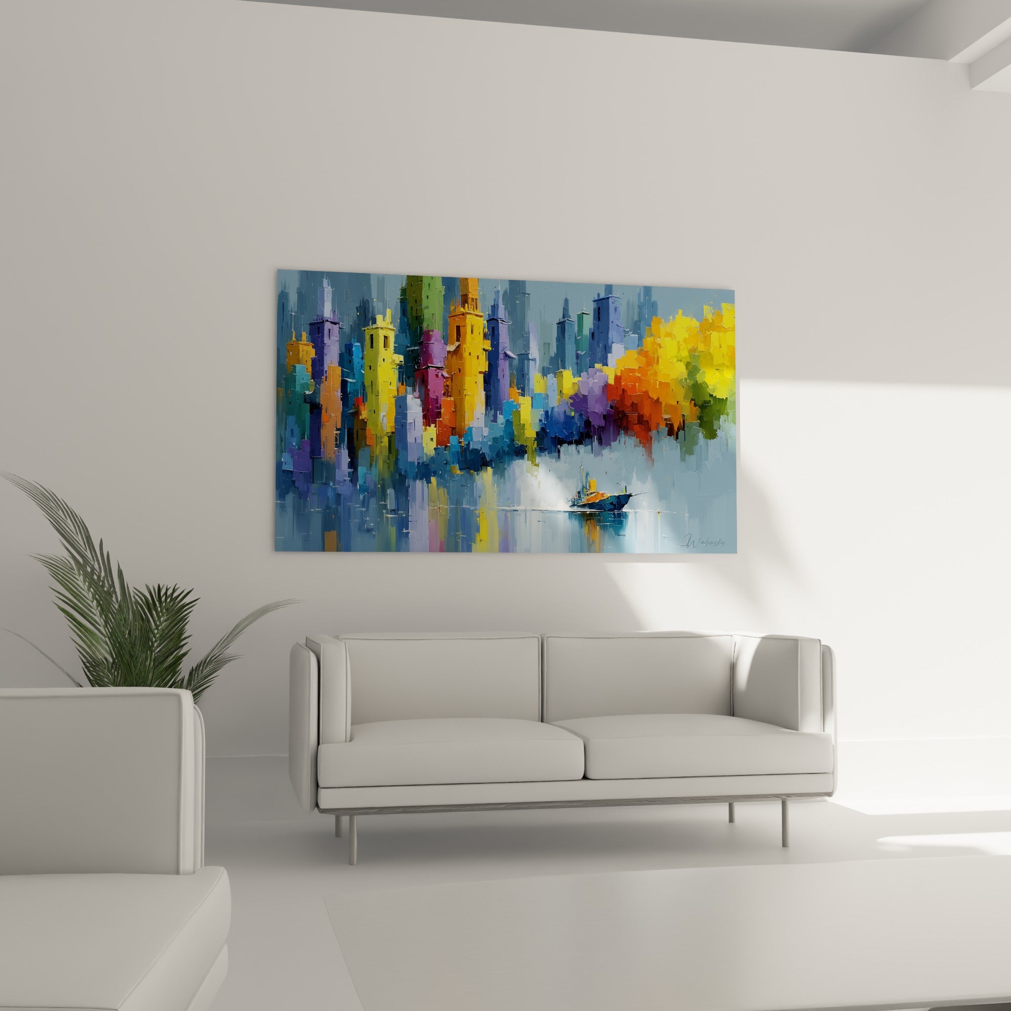 Gratte-ciel violets et jaunes d'une œuvre architecture abstrait au-dessus d'un canapé dans un salon lumineux