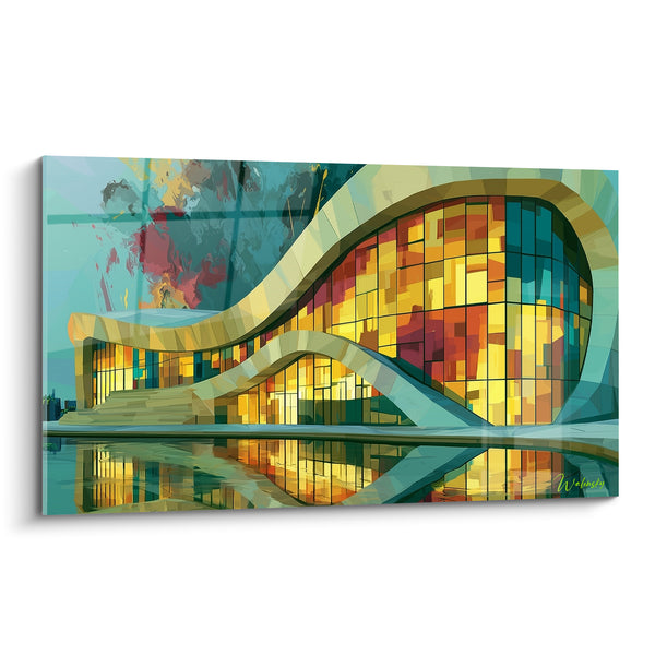 Cuadro Edificio sinuoso dorado y turquesa con vidrieras resplandecientes - Doble arco mosaico - Edición Arquitectura abstracta