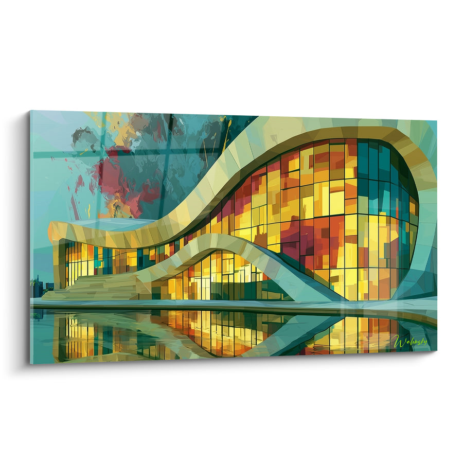 Tableau Bâtiment sinueux doré et turquoise aux vitraux flamboyants - Double arche mosaïquée - Edition Architecture abstrait