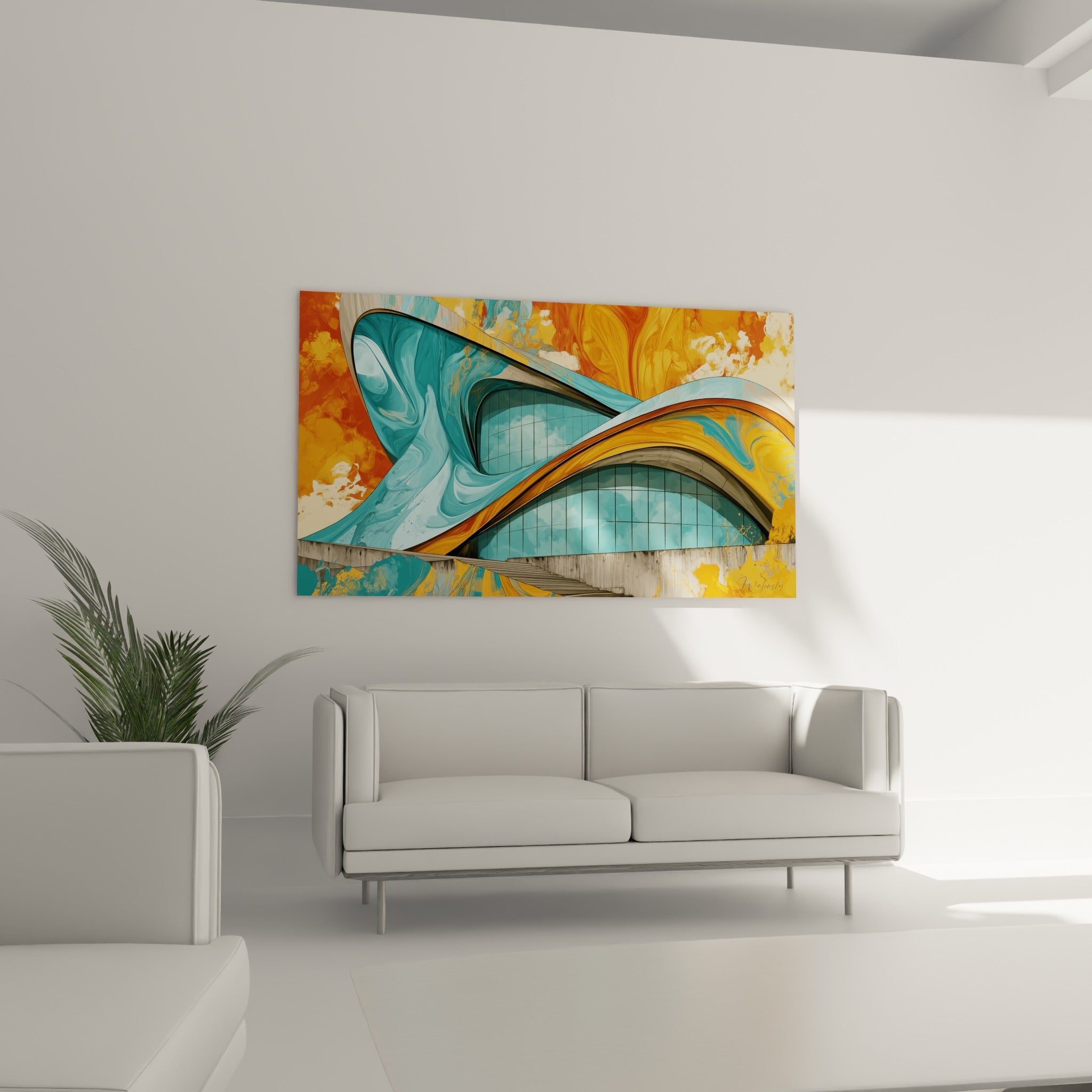 Édifice sculptural bleu ciel et ambre, tableau architecture abstrait au-dessus d'un canapé dans un salon lumineux