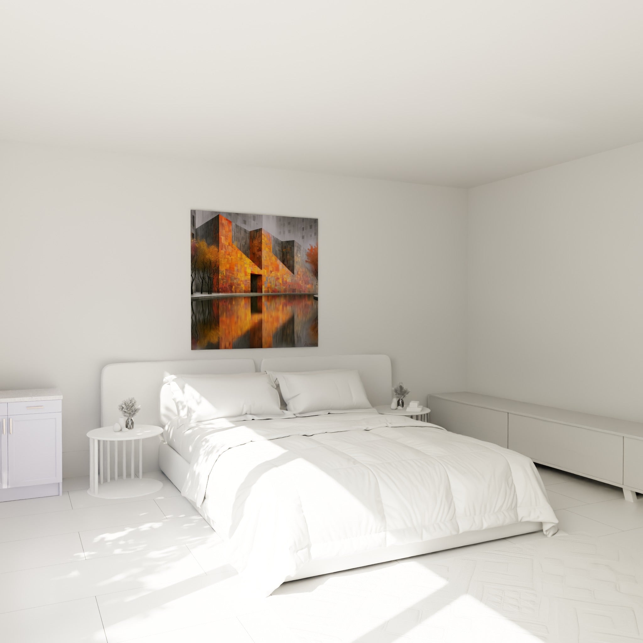 Façade architecturale orange et anthracite se reflétant sur l'eau, accrochée au-dessus d'un lit dans une chambre claire