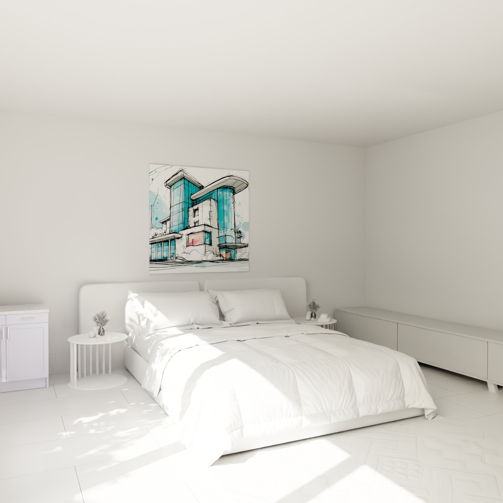 Immeuble turquoise et blanc au dessin architectural nerveux, accroché au-dessus d'un lit dans une chambre claire