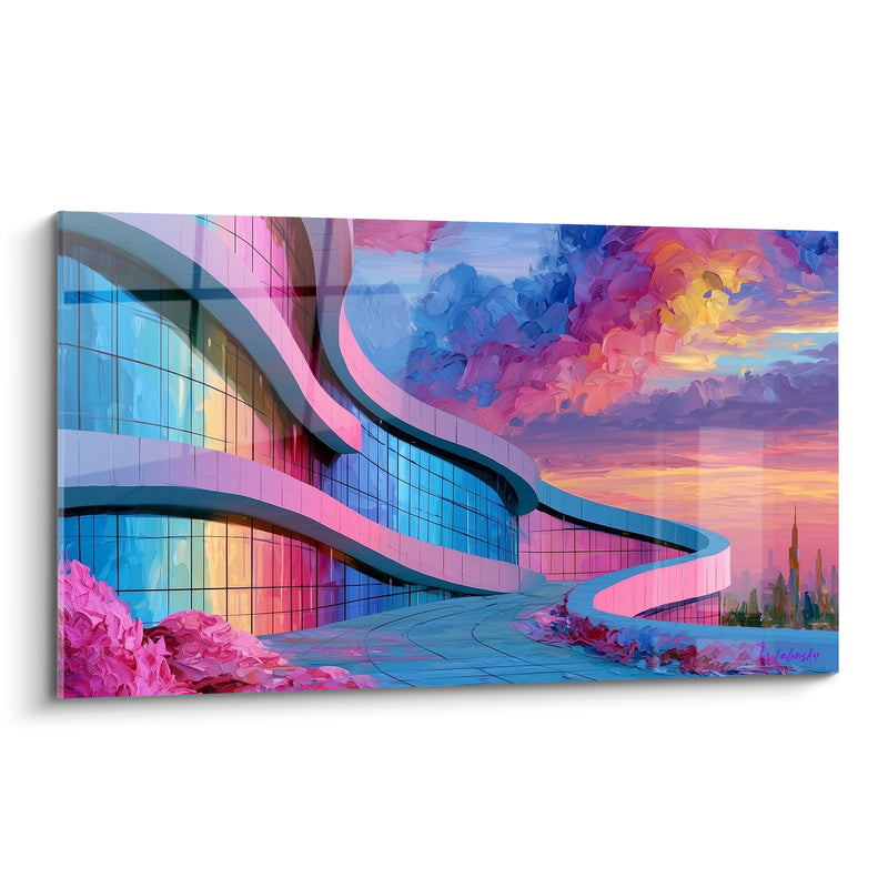 Tableau Bâtiment sinueux bleu et rose - Rêverie futuriste - Edition Architecture abstrait