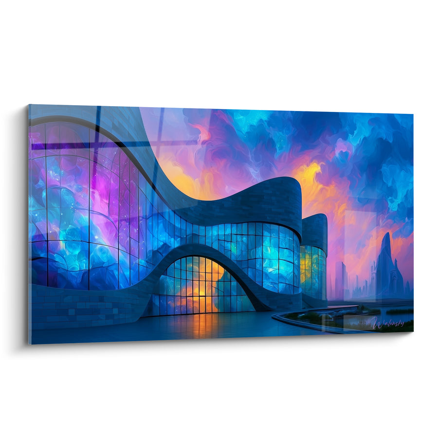 Tableau Bâtiment futuriste aux vitraux bleus et violets - Cité des songes - Edition Architecture abstrait
