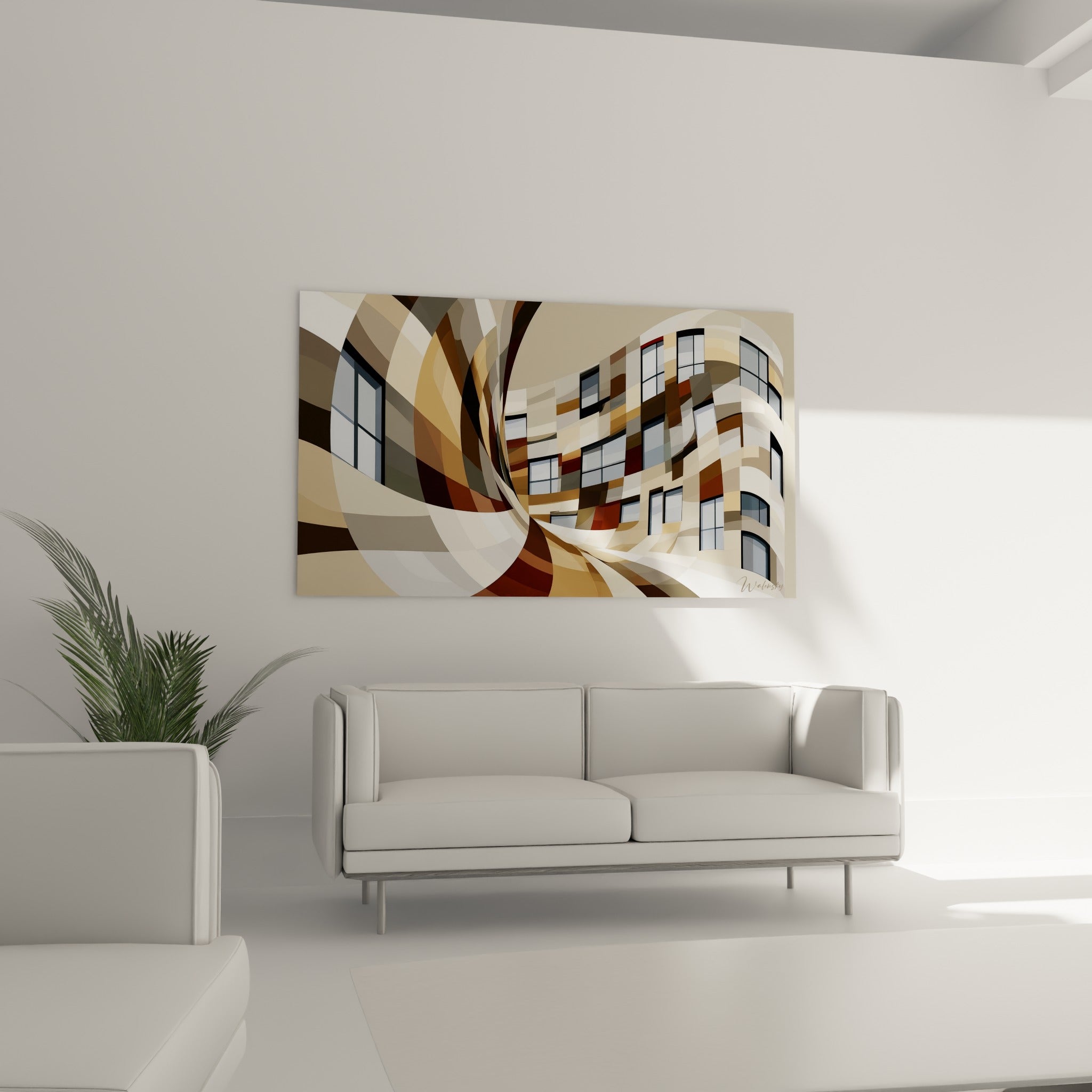 Bâtiment torsadé ocre et gris se déployant en courbes, au-dessus d'un canapé dans un salon lumineux