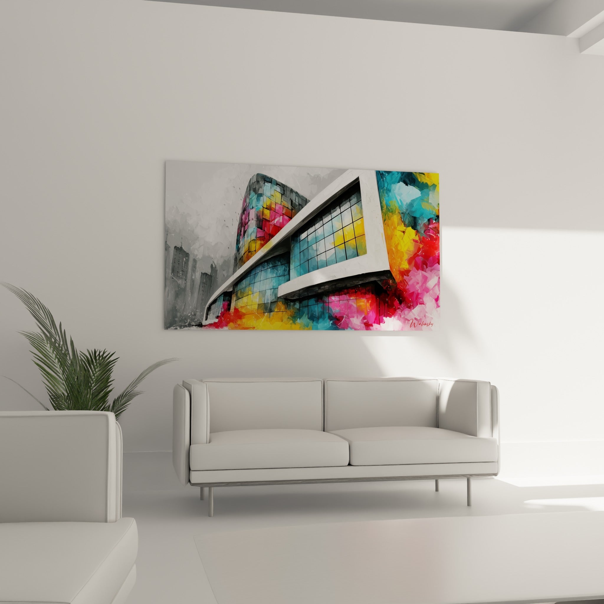 Architecture éclatante en rose fuchsia et turquoise sur fond gris urbain, au-dessus d'un canapé dans un salon lumineux