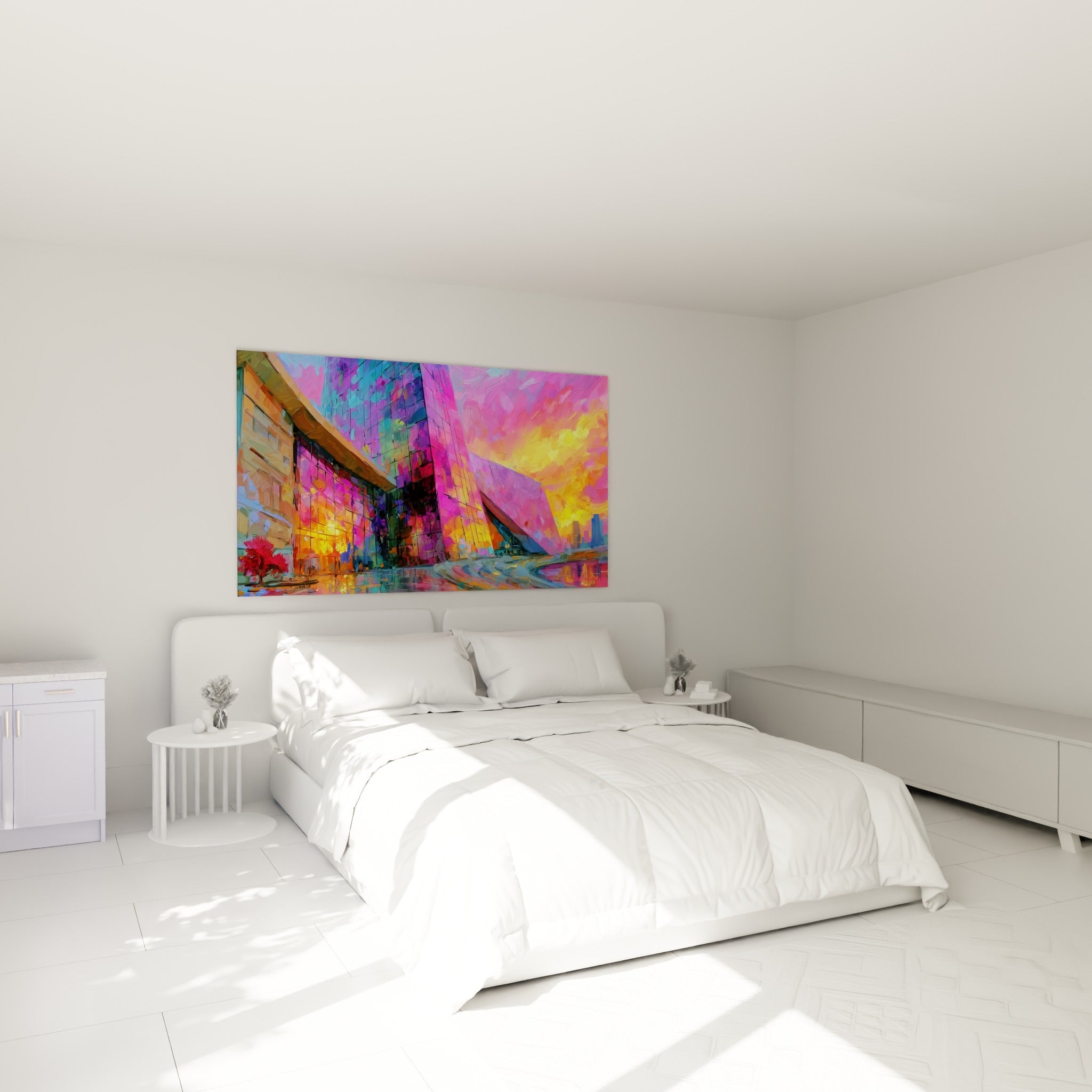 Édifice architecture abstrait rose et doré aux vitres reflétant le violet, au-dessus d'un lit dans une chambre claire