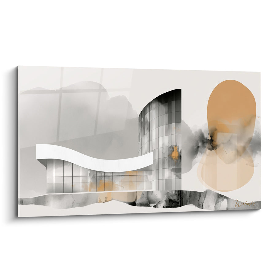 Tableau Bâtiment courbe gris et ocre - Vision urbaine flottante - Edition Architecture abstrait