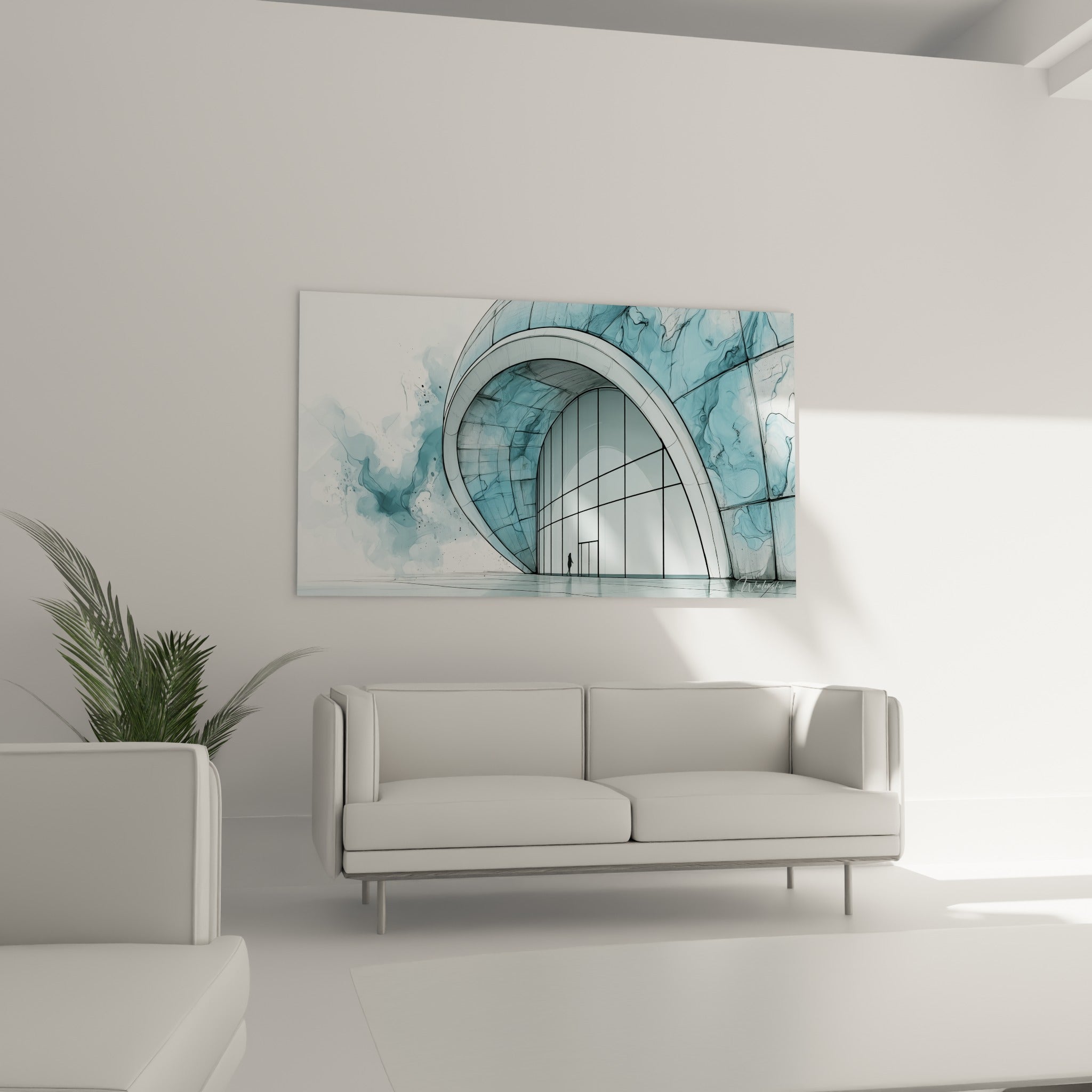 Structure arquée bleu marine et blanche, effet aquarelle, suspendue au-dessus d'un canapé dans un salon lumineux