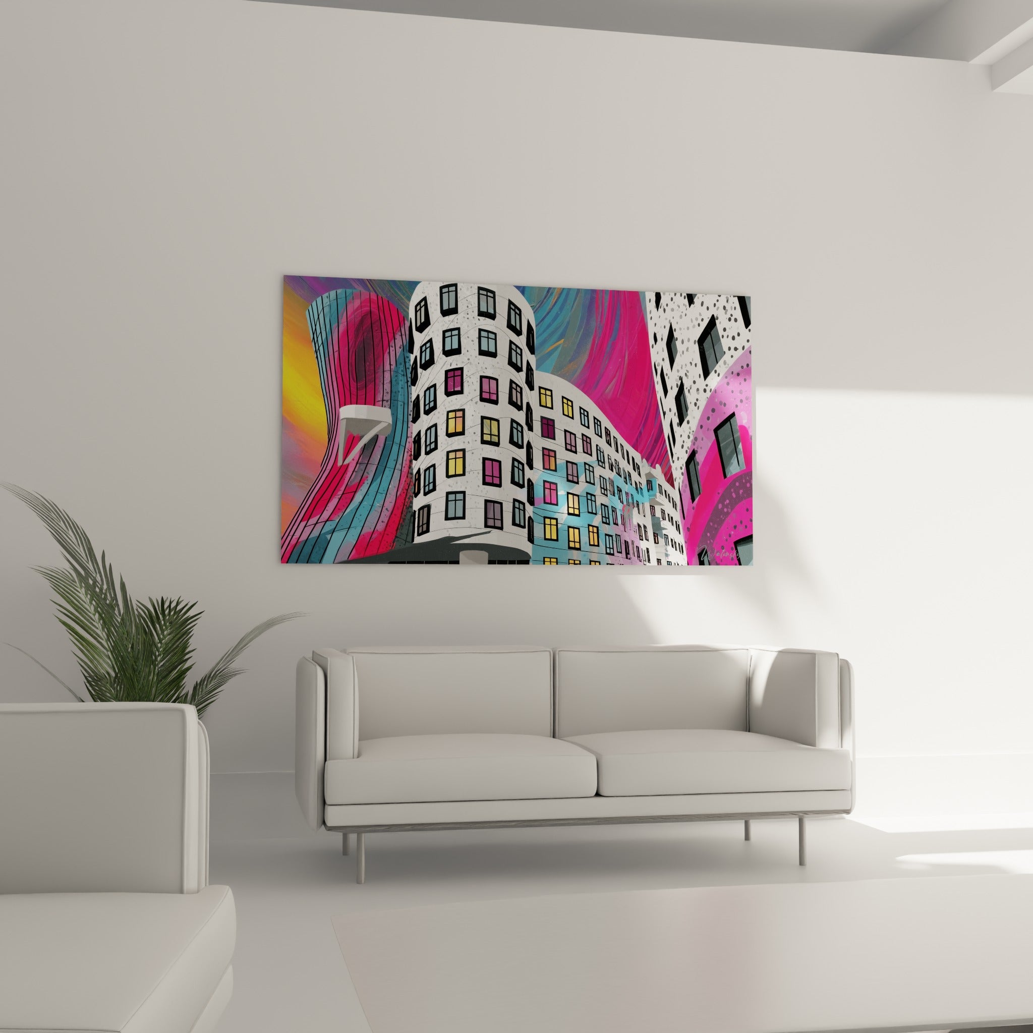 Bâtiment courbe blanc et rose aux fenêtres violettes, placé au-dessus d'un canapé dans un salon lumineux
