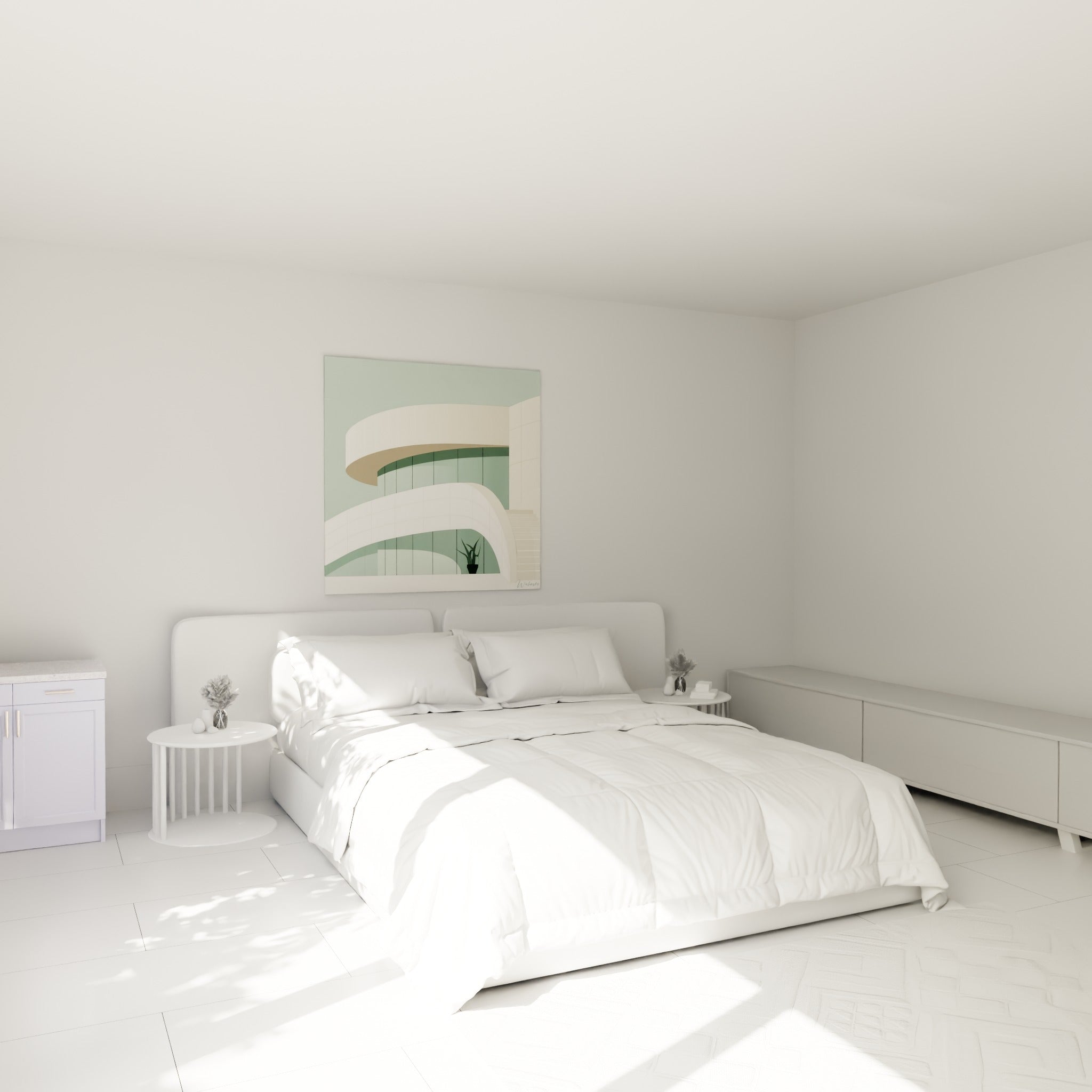 Façade architecturale crème aux courbes fluides et vitrages vert sauge, au-dessus d'un lit dans une chambre claire