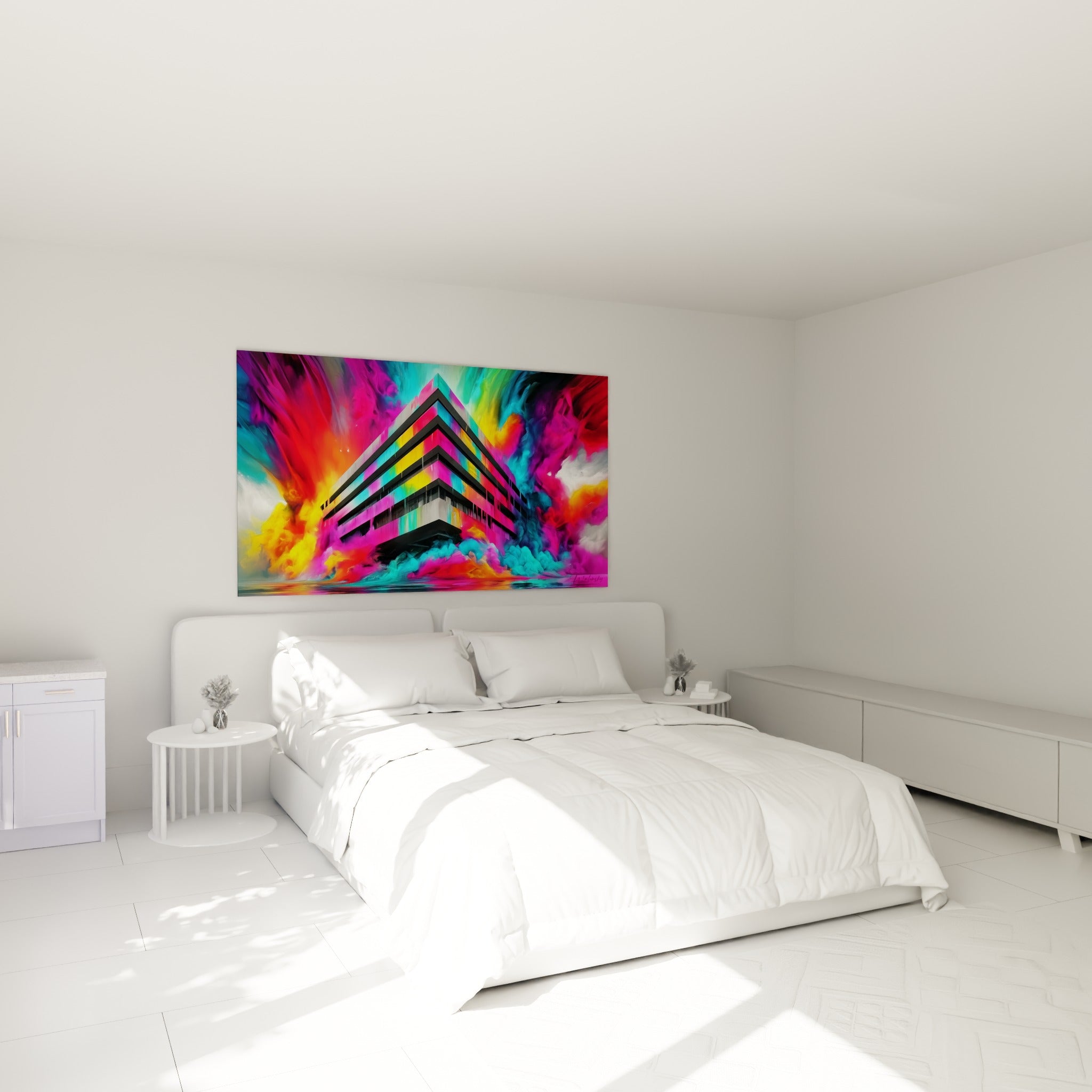 Structure pyramidale dorée et magenta jaillissant d'un nuage coloré, accrochée au-dessus d'un lit dans une chambre claire