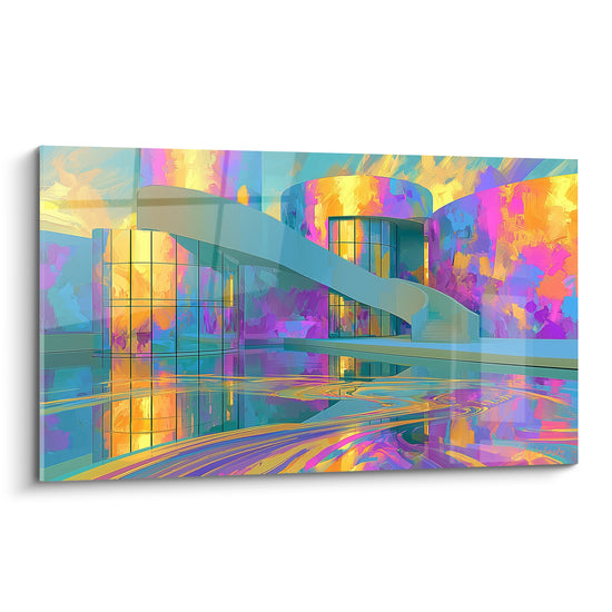 Bâtiment futuriste doré et violet reflété sur l'eau, tableau architecture abstrait aux courbes vitrées