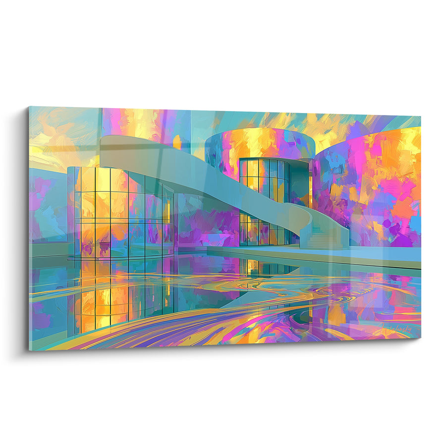 Tableau Bâtiment futuriste doré et violet reflété sur l'eau - Utopie flottante - Edition Architecture abstrait