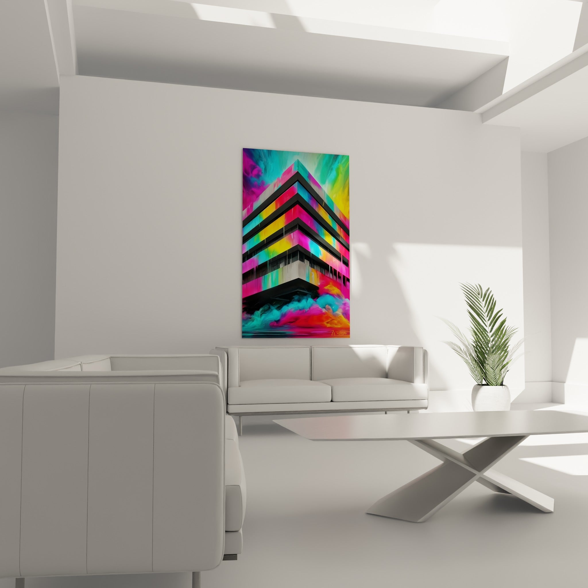 Bâtiment vibrant aux teintes magenta et émeraude, tableau architecture abstrait au-dessus d'un canapé dans un salon lumineux