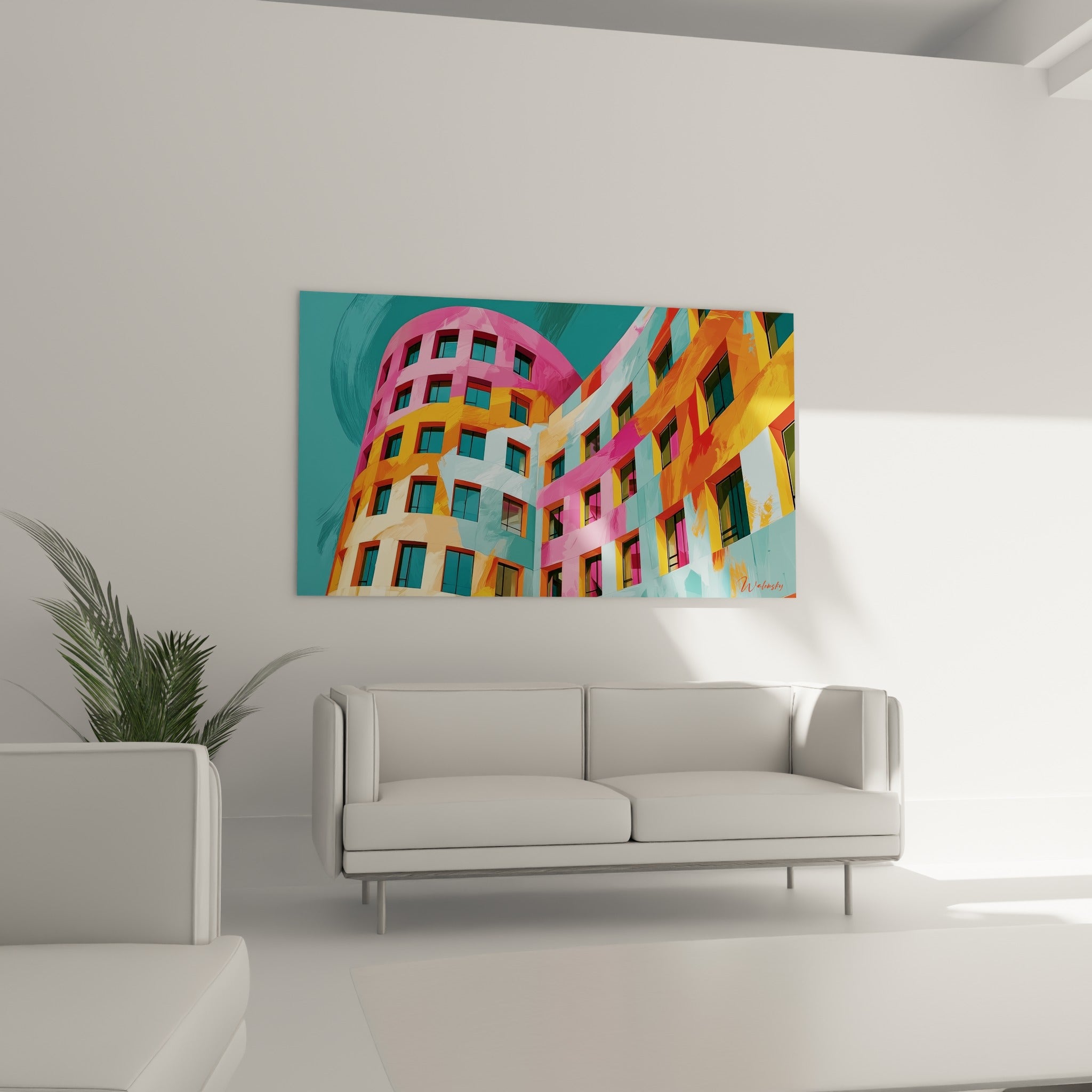 Bâtiment orange et fuchsia de cette architecture abstrait, disposé au-dessus d'un canapé dans un salon lumineux