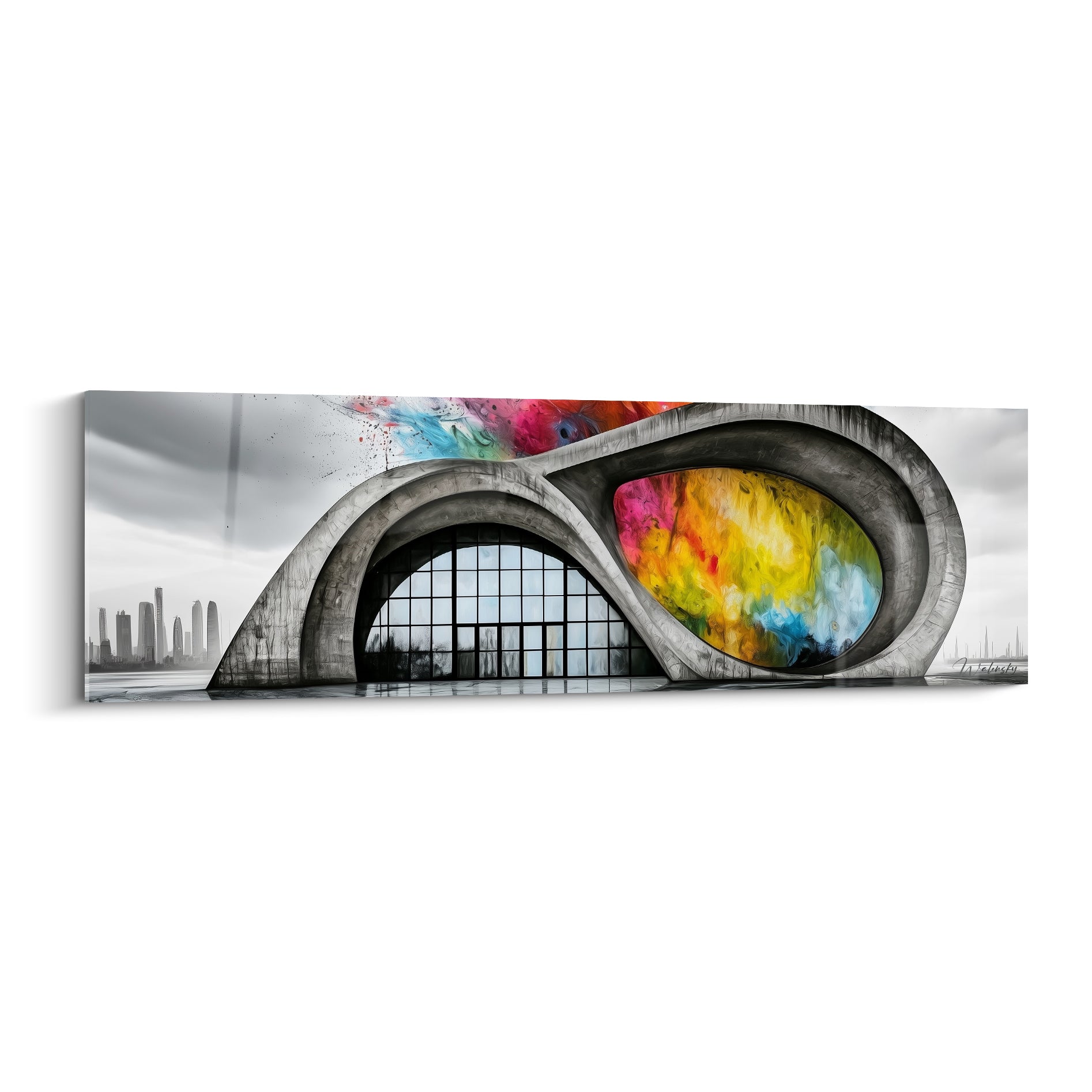 Bâtiment courbe gris et anthracite avec explosion jaune, fuchsia et turquoise, style architecture abstraite