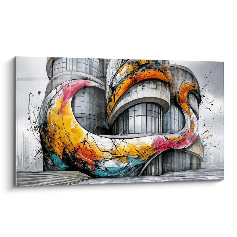 Grey Building with Yellow and Pink Swirls Artwork - Urban Eruption - Abstract Architecture Edition