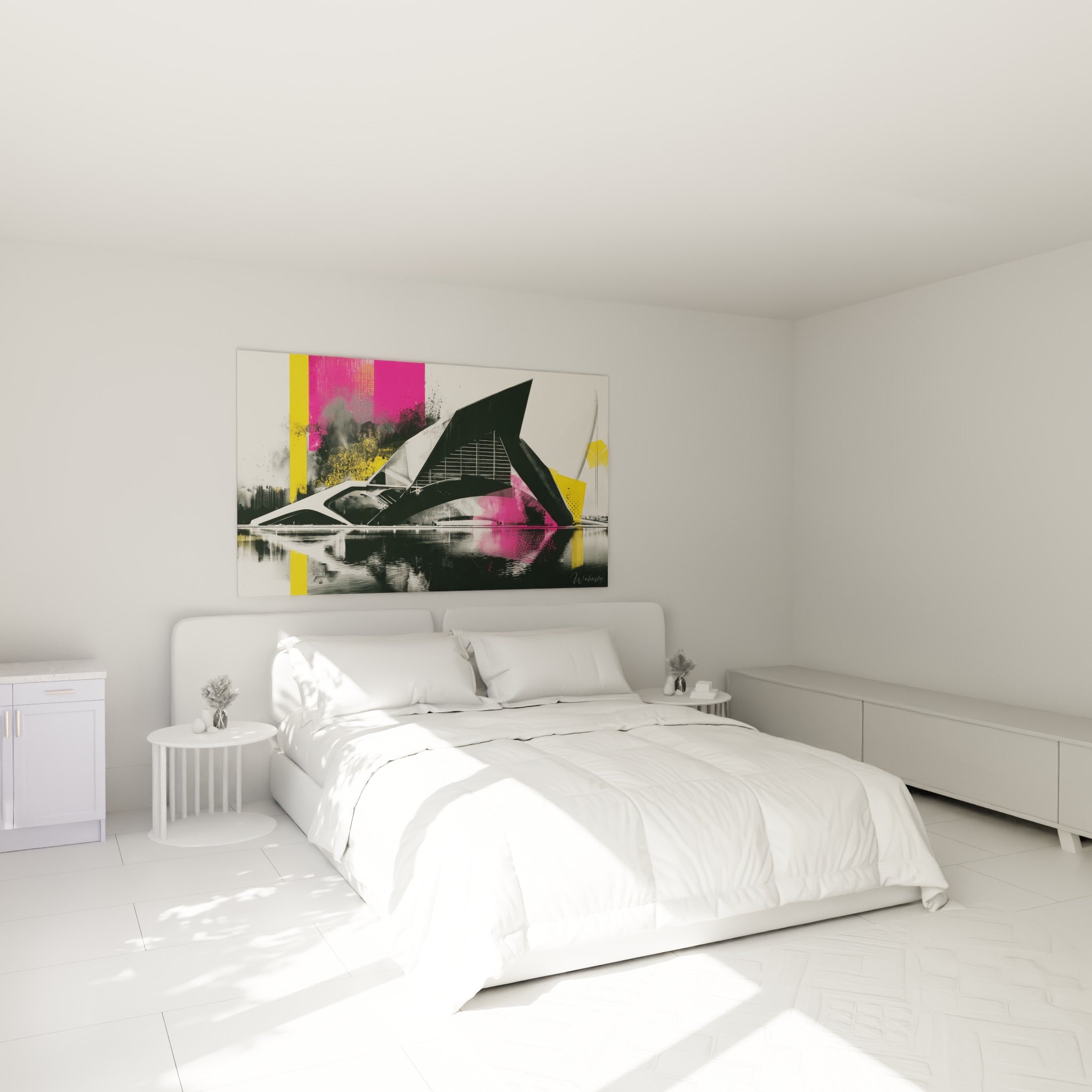 Structure architecturale abstraite noir et rose surplombant un lit dans une chambre claire