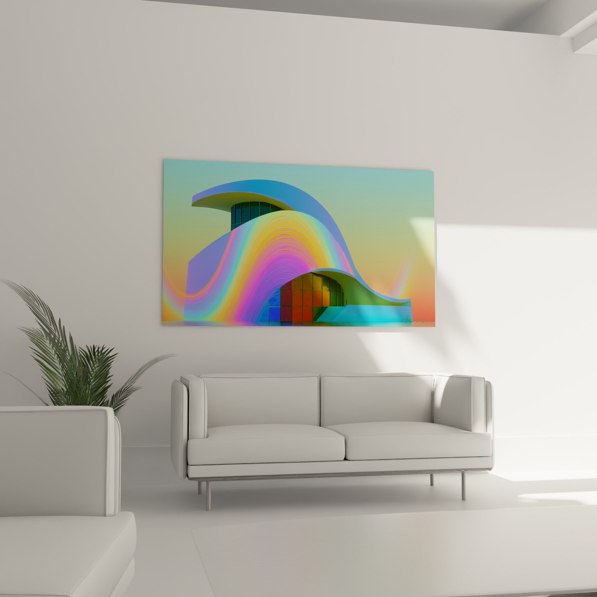 Édifice curviligne bleu et magenta, tableau architecture abstrait au-dessus d'un canapé dans un salon lumineux