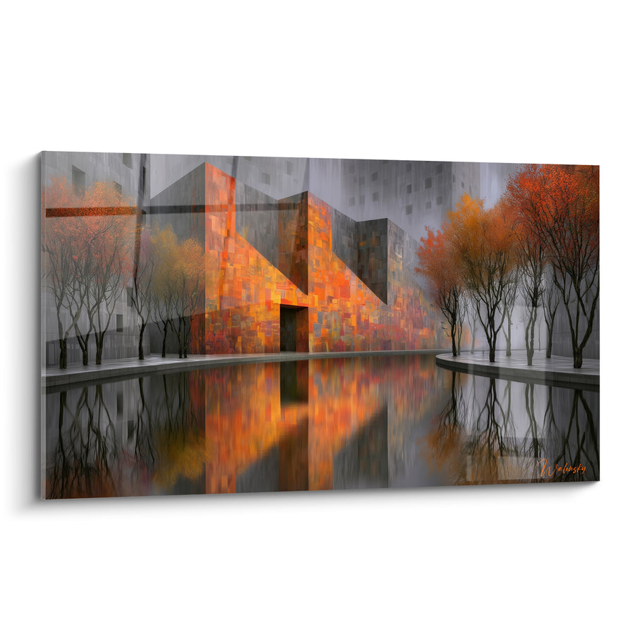 Tableau Bâtiment orange et gris au bassin miroir - Reflet du crépuscule - Edition Architecture abstrait