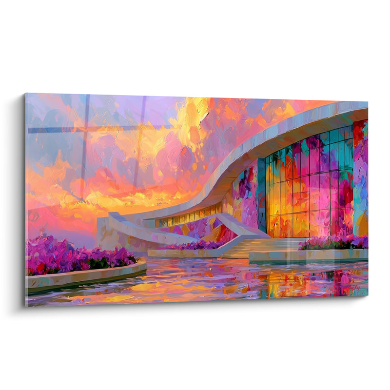 Curved Building Orange and Violet Sunset Painting - Twilight Glow - Abstract Architecture Edition