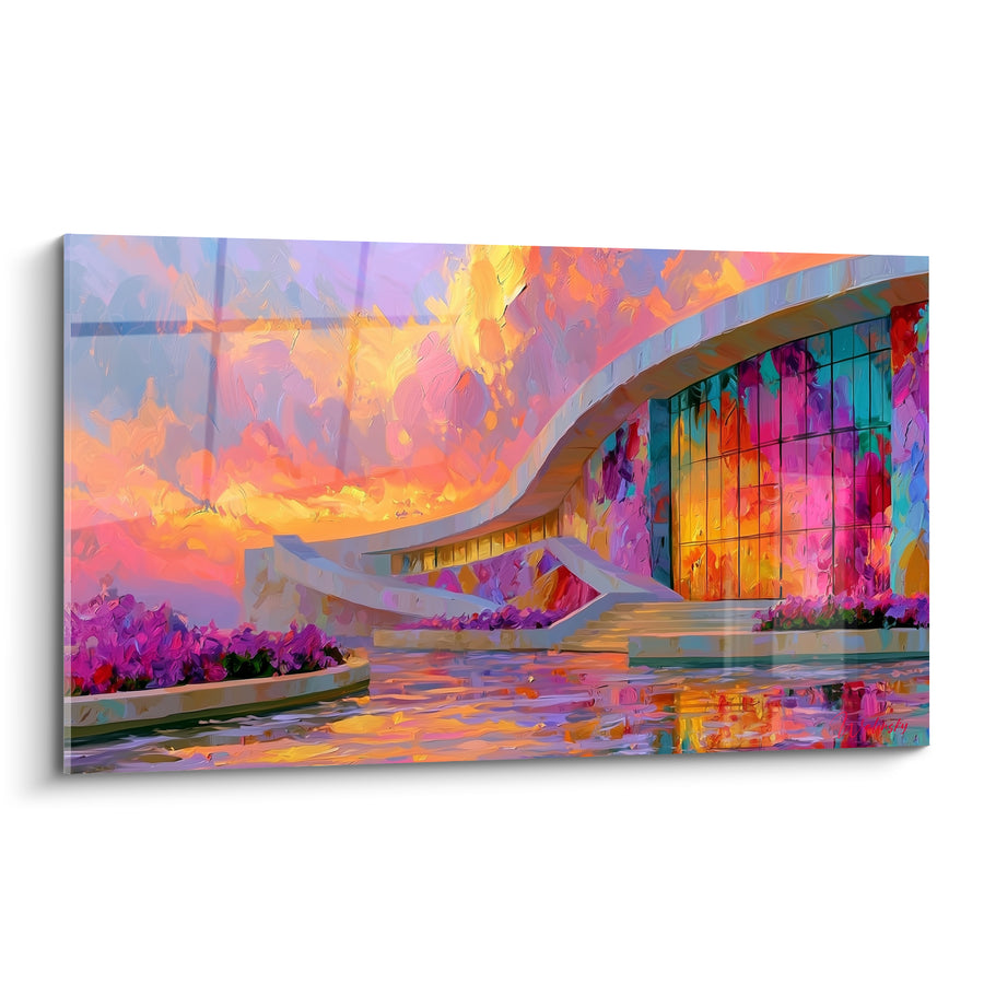 Tableau Bâtiment courbe orange et violet au coucher du soleil - Éclat crépusculaire - Edition Architecture abstrait