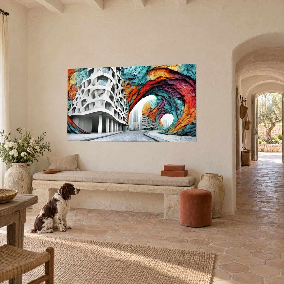 Tableau façade nacrée aux alvéoles courbes et spirale orange et bleu sarcelle, un spaniel assis, mur crème d'un mas provençal