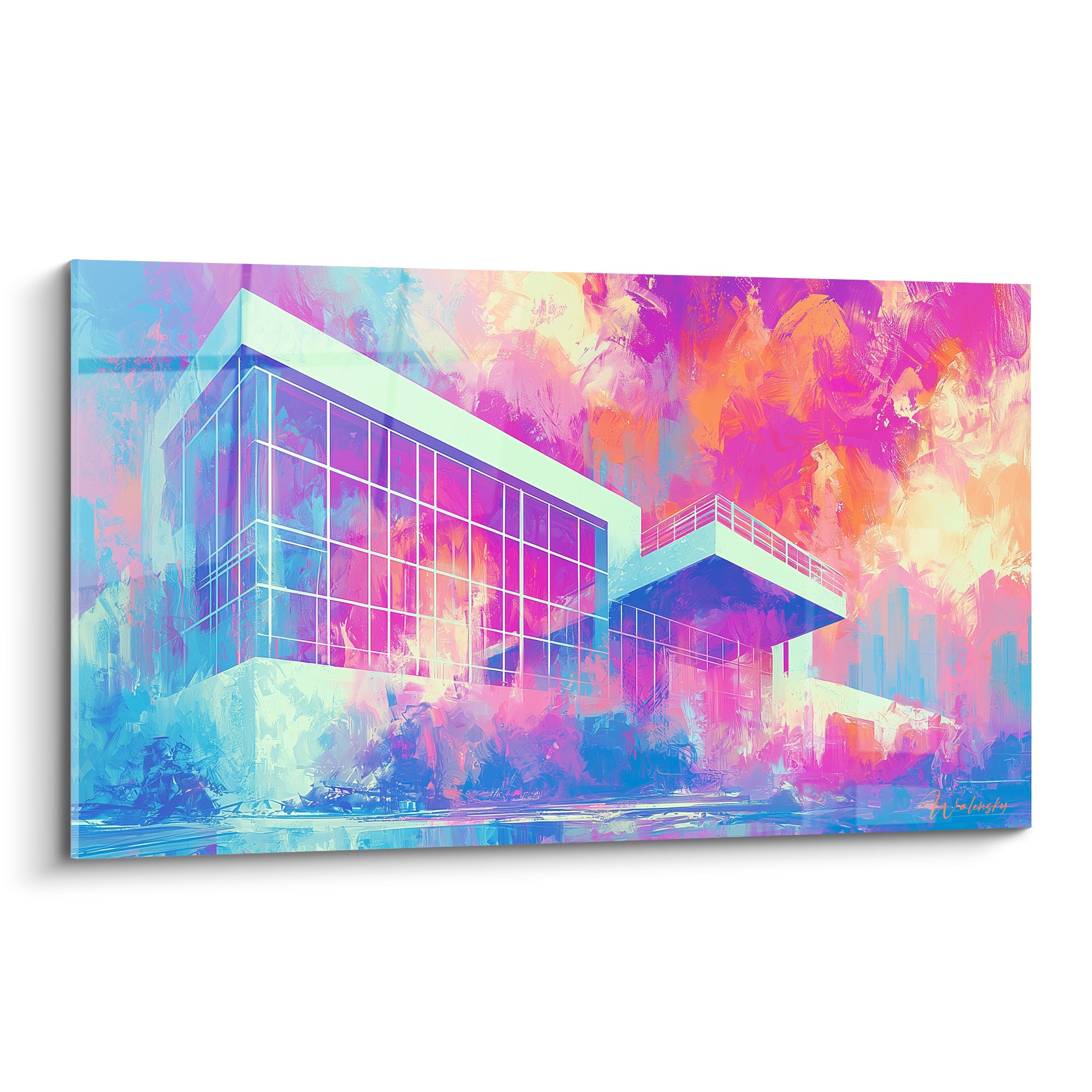 Bâtiment moderne aux teintes rose fuchsia et bleu turquoise sur fond de touches picturales orangées