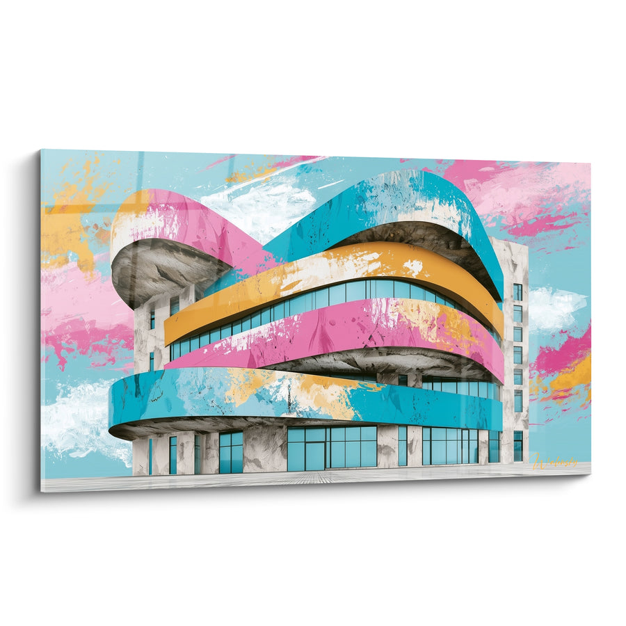 Gemälde Gebogenes Gebäude rosa und türkis – Zukunftsschwindel – Architektur-Edition abstrakt