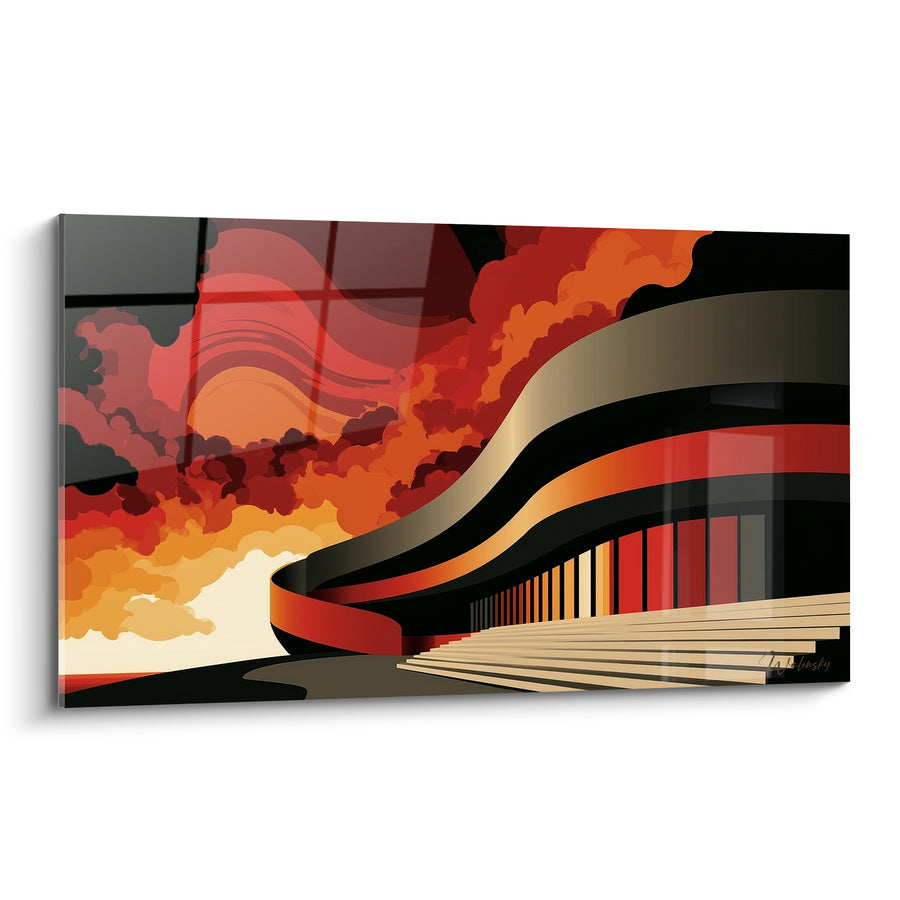 Tableau Bâtiment courbe noir et rouge flamboyant - Souffle incandescent - Edition Architecture abstrait