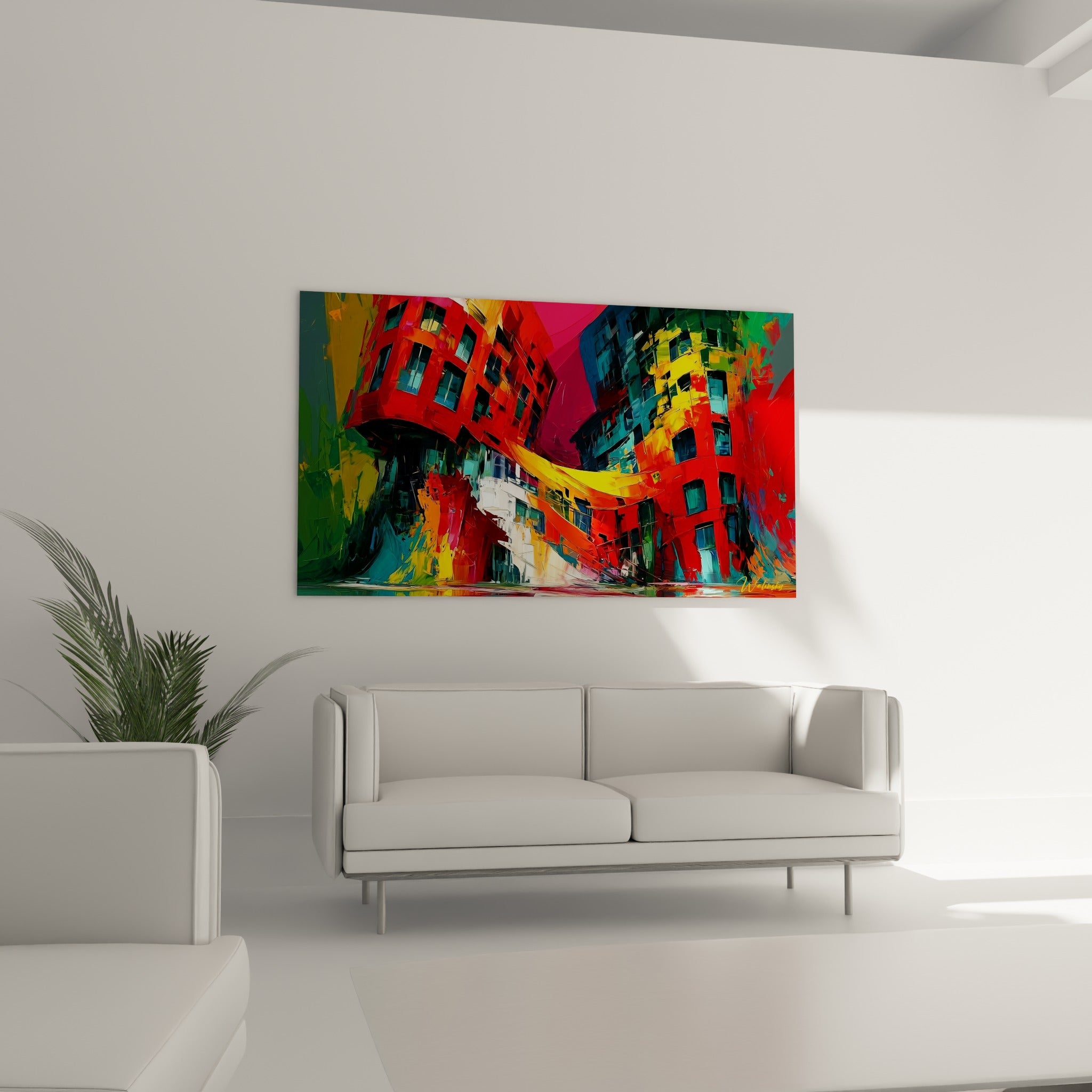 Bâtiments courbés en rouge et bleu pétrole, tableau architecture abstrait au-dessus d'un canapé dans un salon lumineux