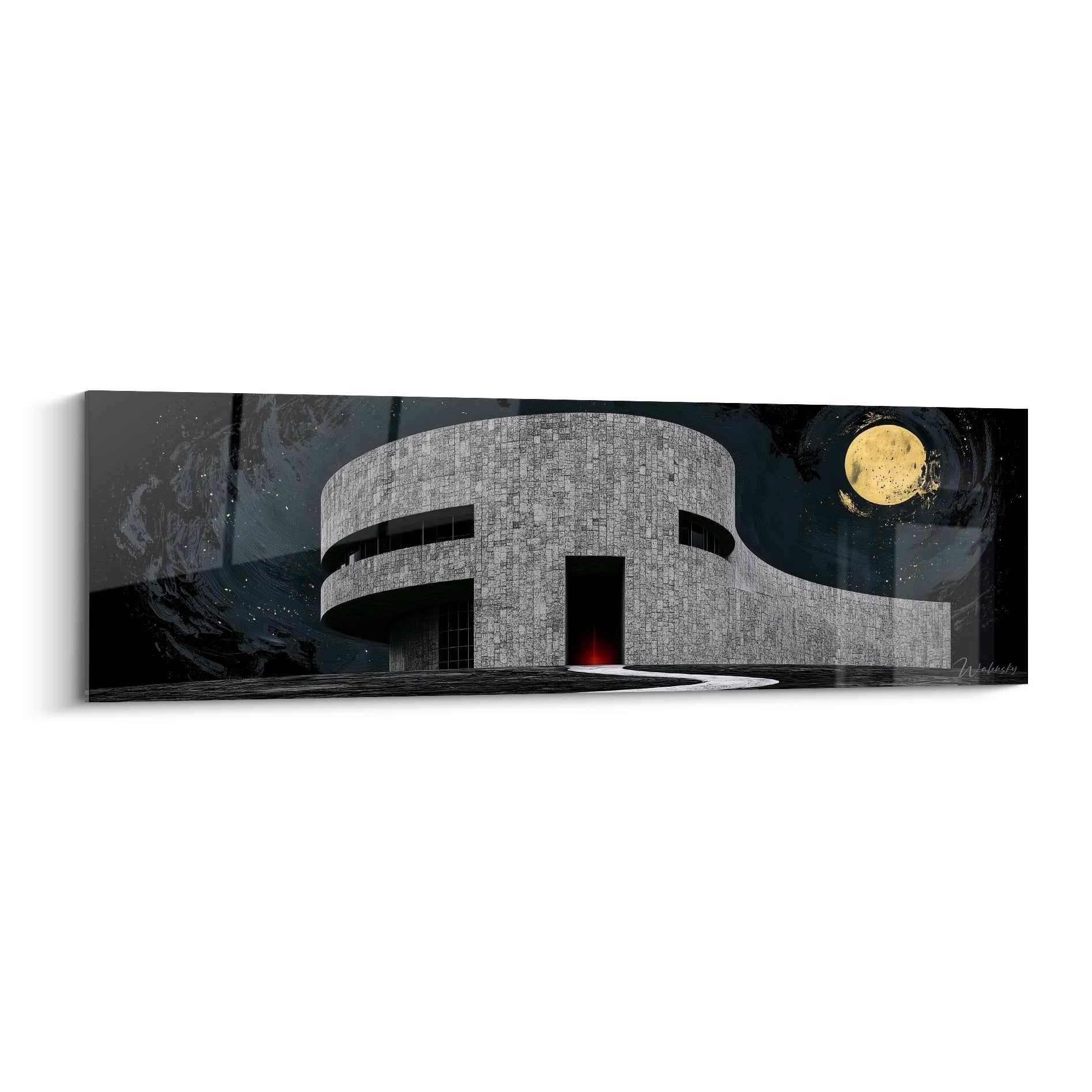 Bâtisse circulaire en pierre grise sous une lune dorée, tableau architecture abstrait au ciel étoilé
