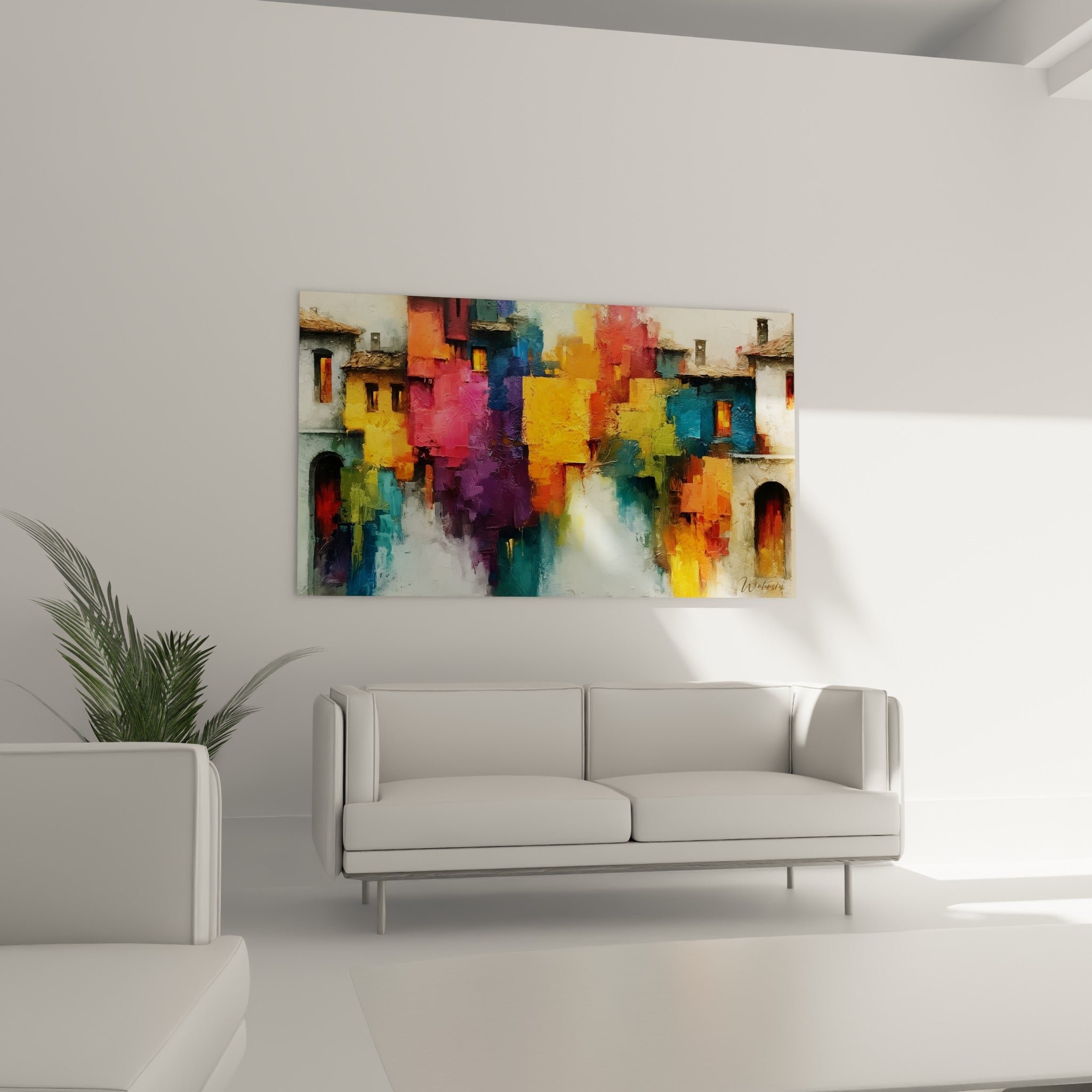 Bâtisses roses et bleues du tableau architecture abstrait au-dessus d'un canapé dans un salon lumineux