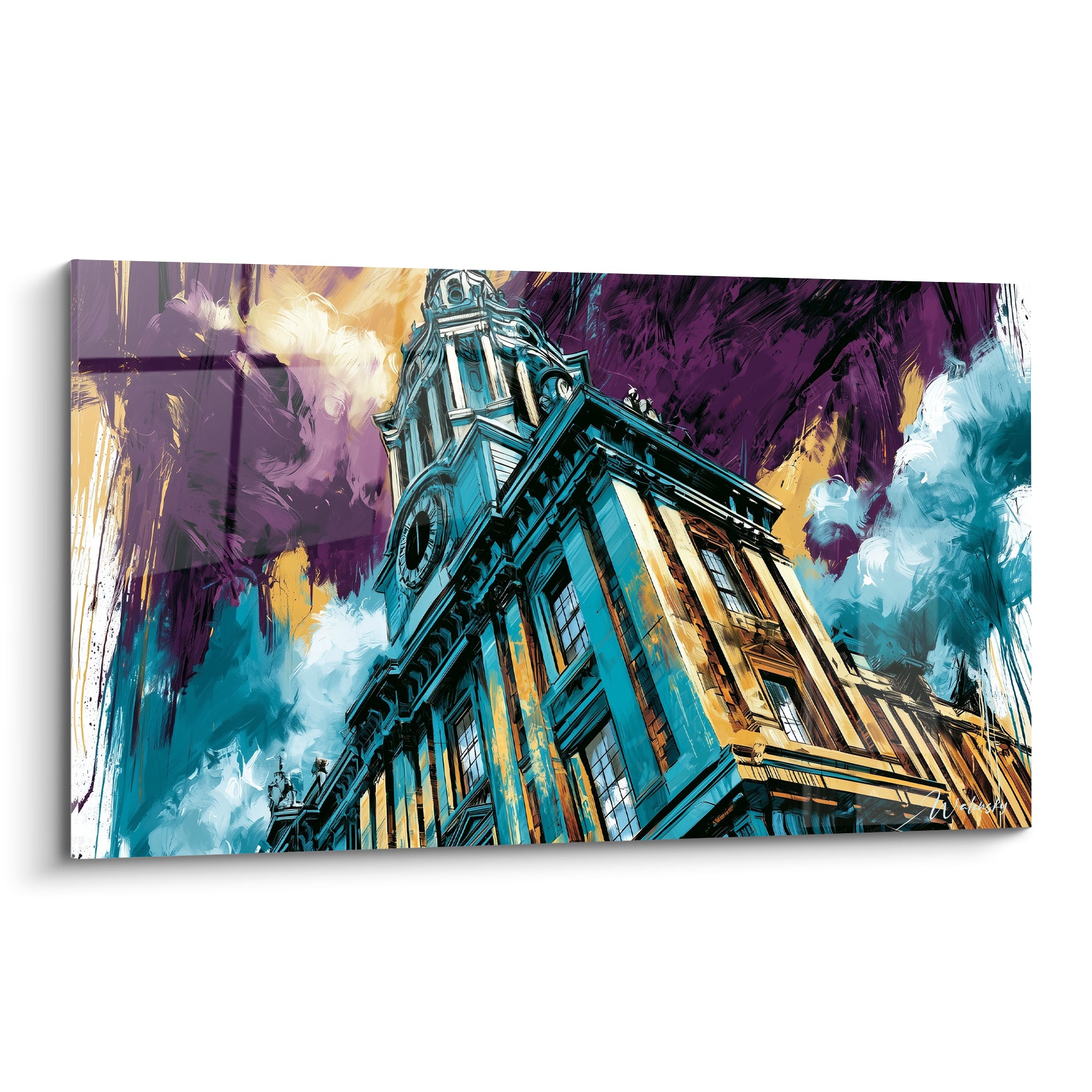 Beffroi turquoise et ocre en contre-plongée sur ciel pourpre, tableau architecture abstrait aux touches gestuelles