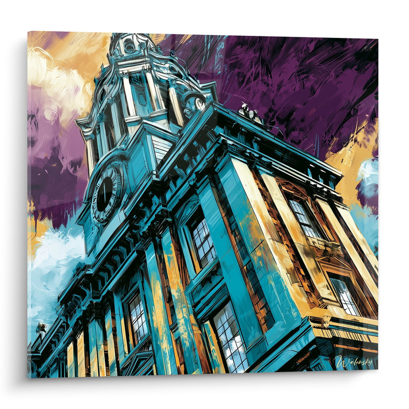 Tableau Beffroi turquoise et ocre à horloge ronde - Ciel violet orageux - Edition Architecture abstrait
