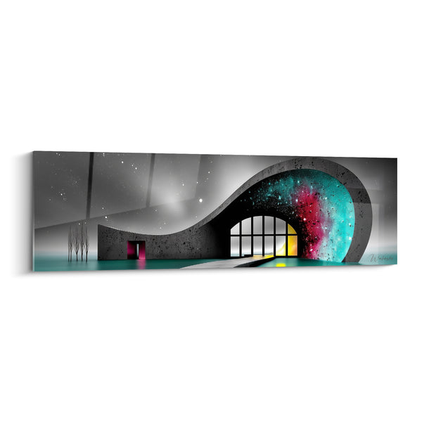 Cuadro Edificio Curvo Gris y Turquesa con Nebulosa Pintada - Puerta Rosa Reflejante - Edición Arquitectura Abstracta