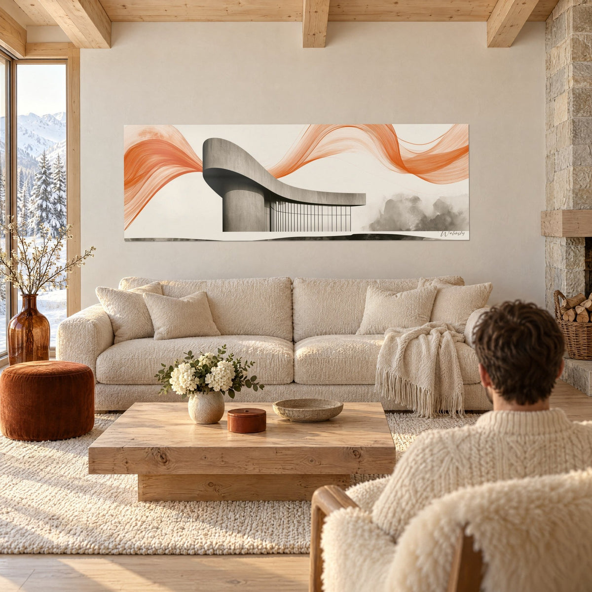 Quadro padiglione in cemento dalle linee curve, nastri arancioni su sfondo crema, sopra un divano in un soggiorno luminoso