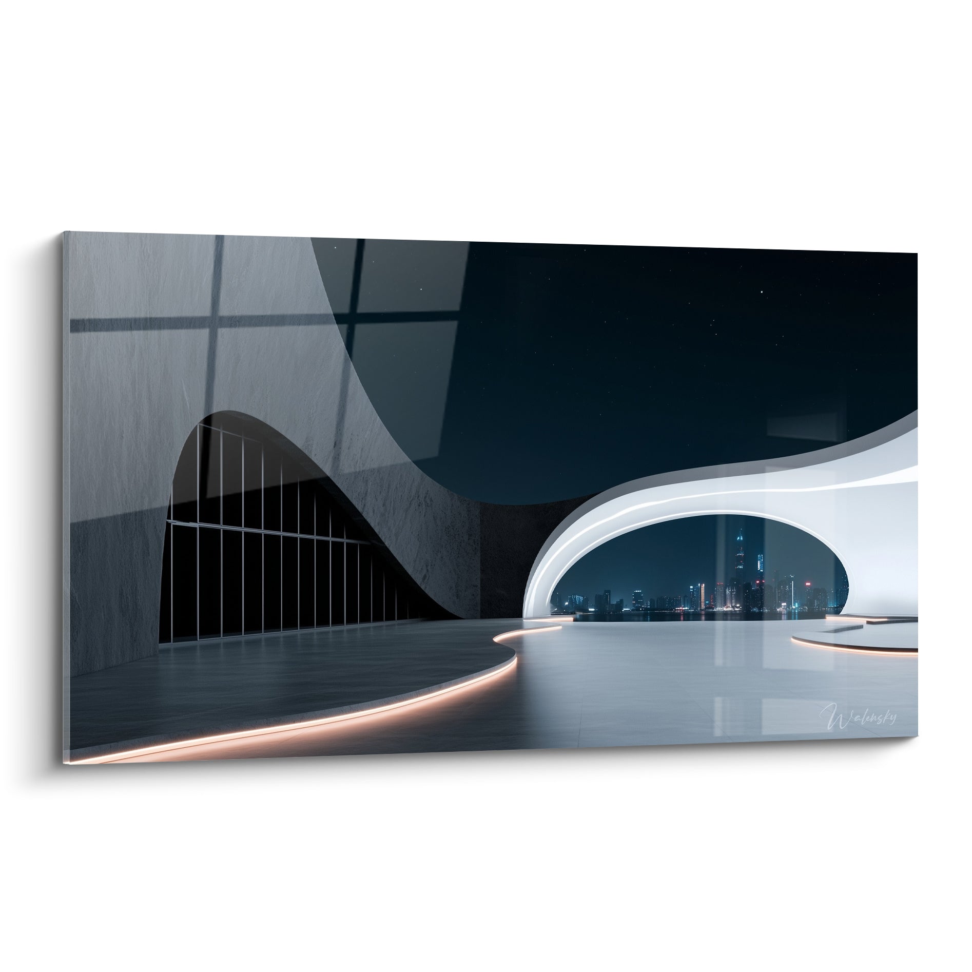 Architecture abstrait aux courbes blanches et bleu nuit, ouverture sur skyline urbaine scintillante
