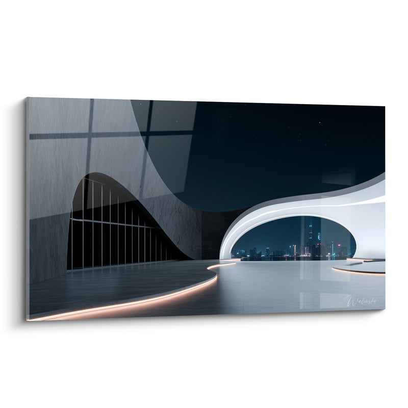 Tableau Structure futuriste blanche et bleu nuit - Seuil vers la nuit - Edition Architecture abstrait