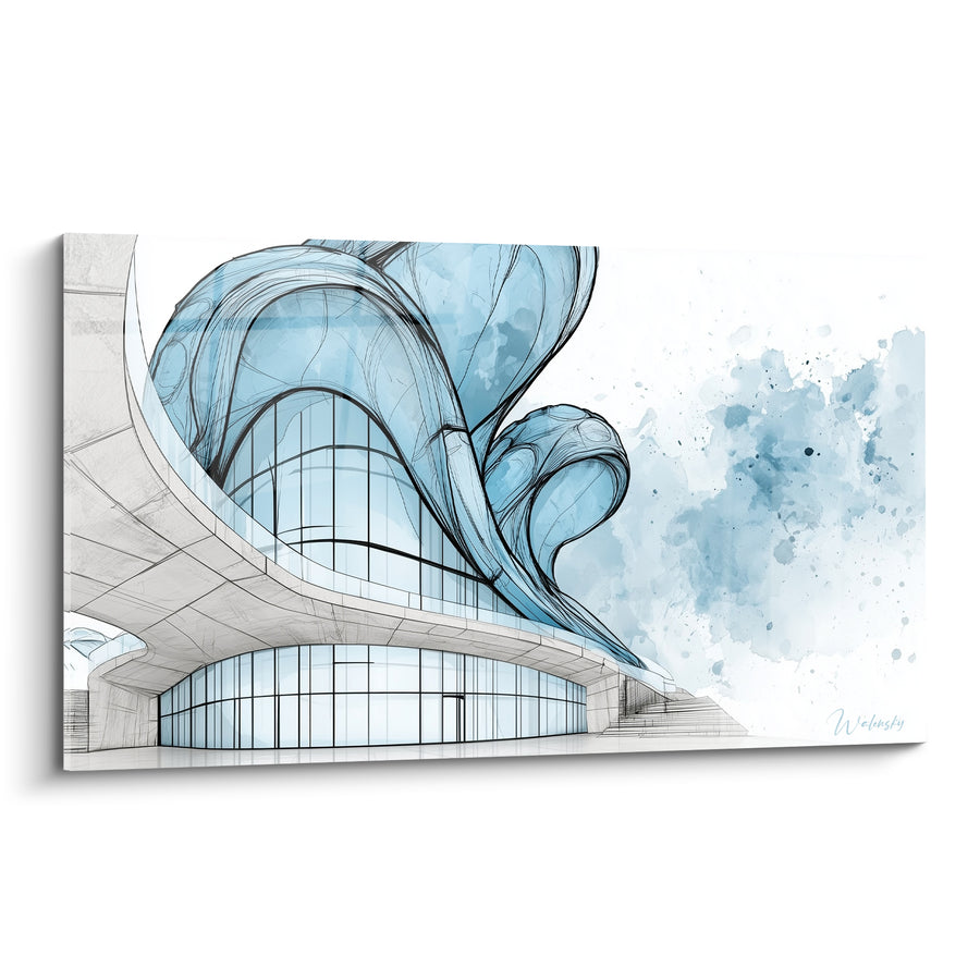 Tableau Bâtiment futuriste bleu ciel et blanc courbé - Vision futuriste - Edition Architecture abstrait