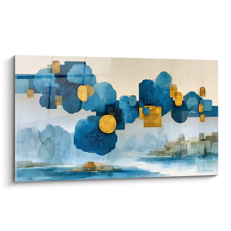 Leinwand Wolken geometrisch dunkelblau und golden - Traum in der Schwebe - Edition Architektur abstrakt