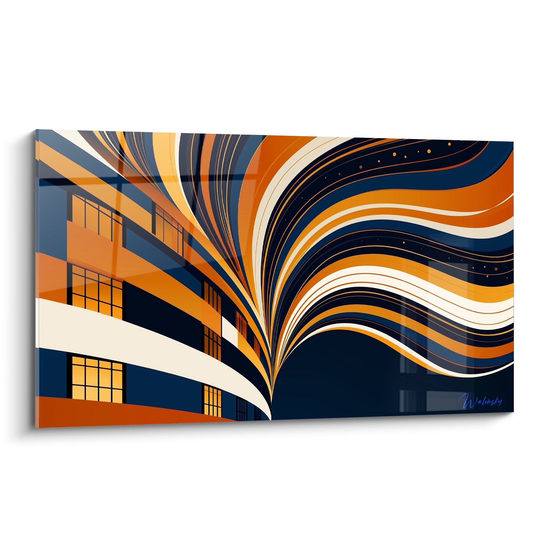 Façade architecture abstrait bleu marine et orange se dissolvant en vagues fluides colorées