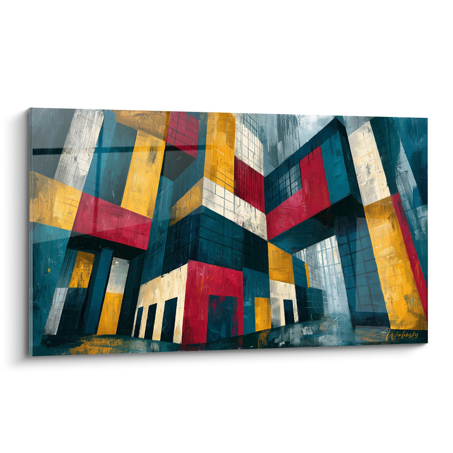 Tableau Immeubles cubistes bleu et jaune aux blocs entremêlés - Portes noires ouvertes - Edition Architecture abstrait