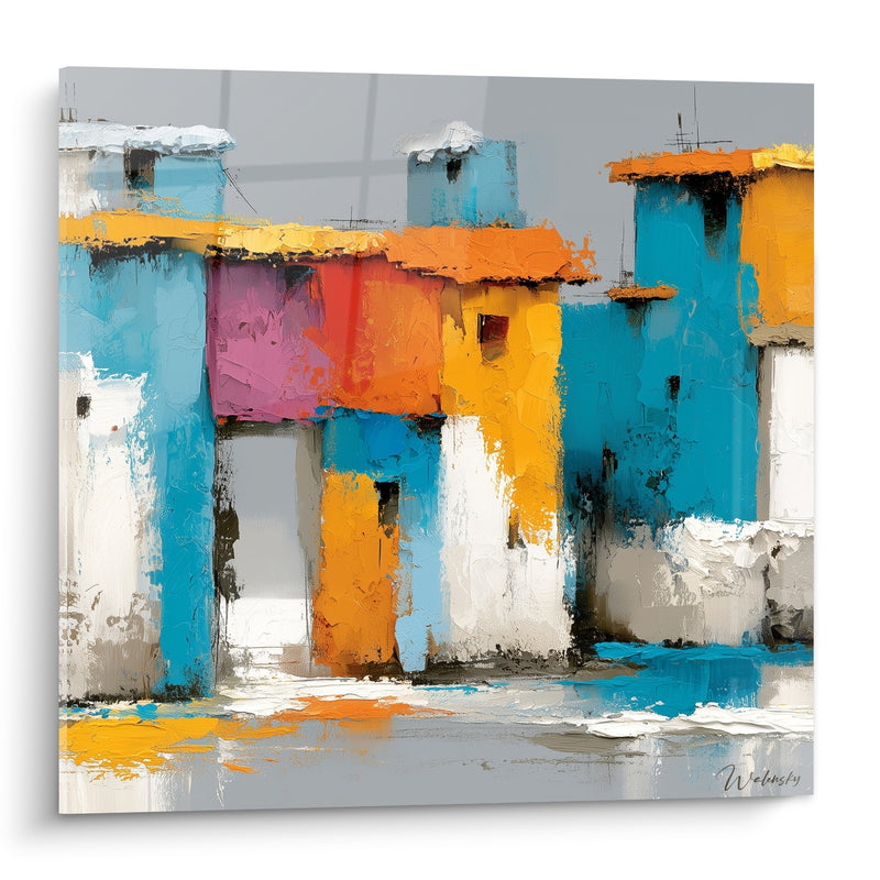Gemälde Fassaden blau und orange mit strukturierter Abdeckung - Sonniger Innenhof - Architektur Edition abstrakte Kunst