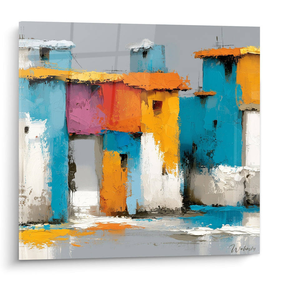 Gemälde Fassaden blau und orange mit strukturierter Abdeckung - Sonniger Innenhof - Architektur Edition abstrakte Kunst