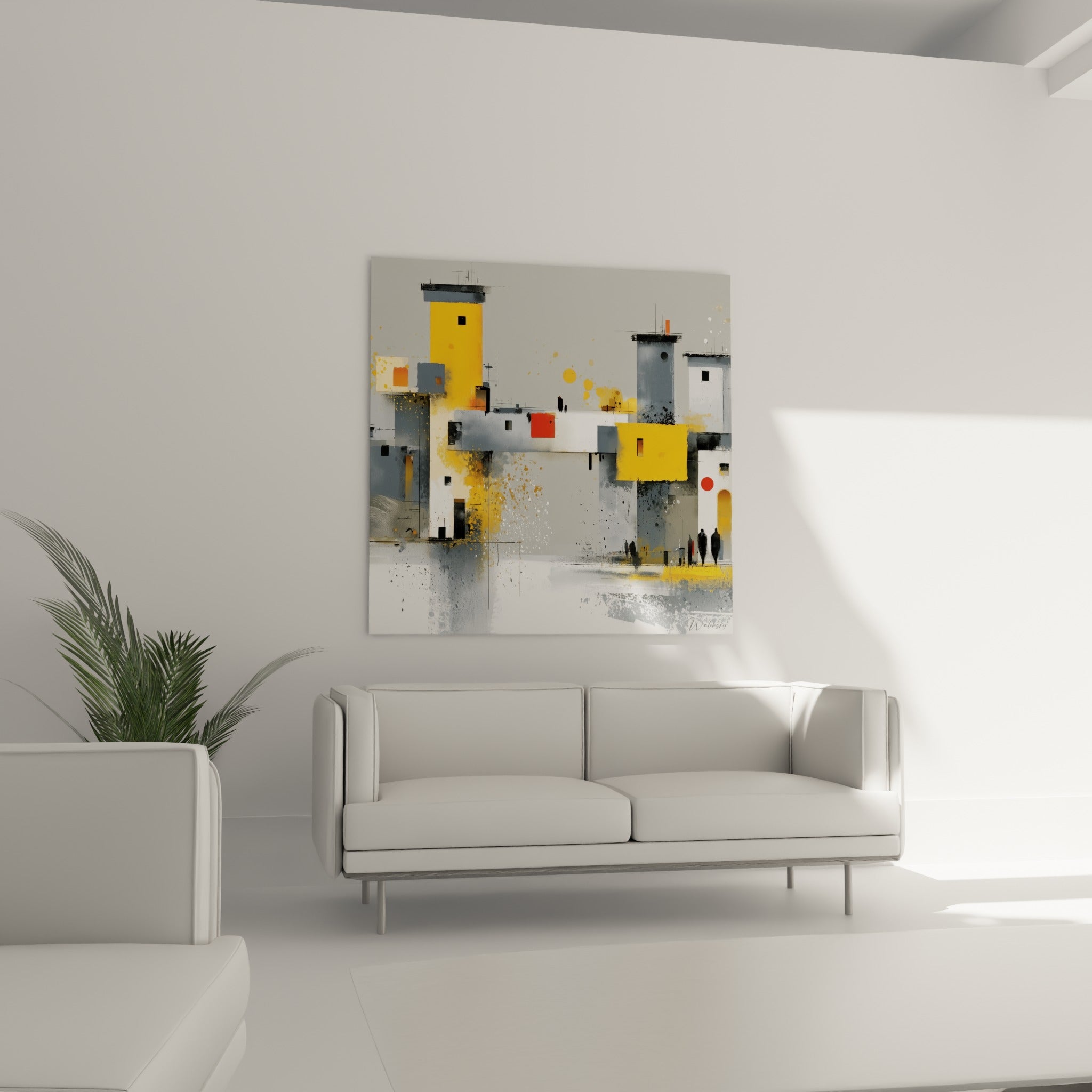 Blocs architecturaux ocre et anthracite éclaboussés de peinture, disposés au-dessus d'un canapé dans un salon lumineux