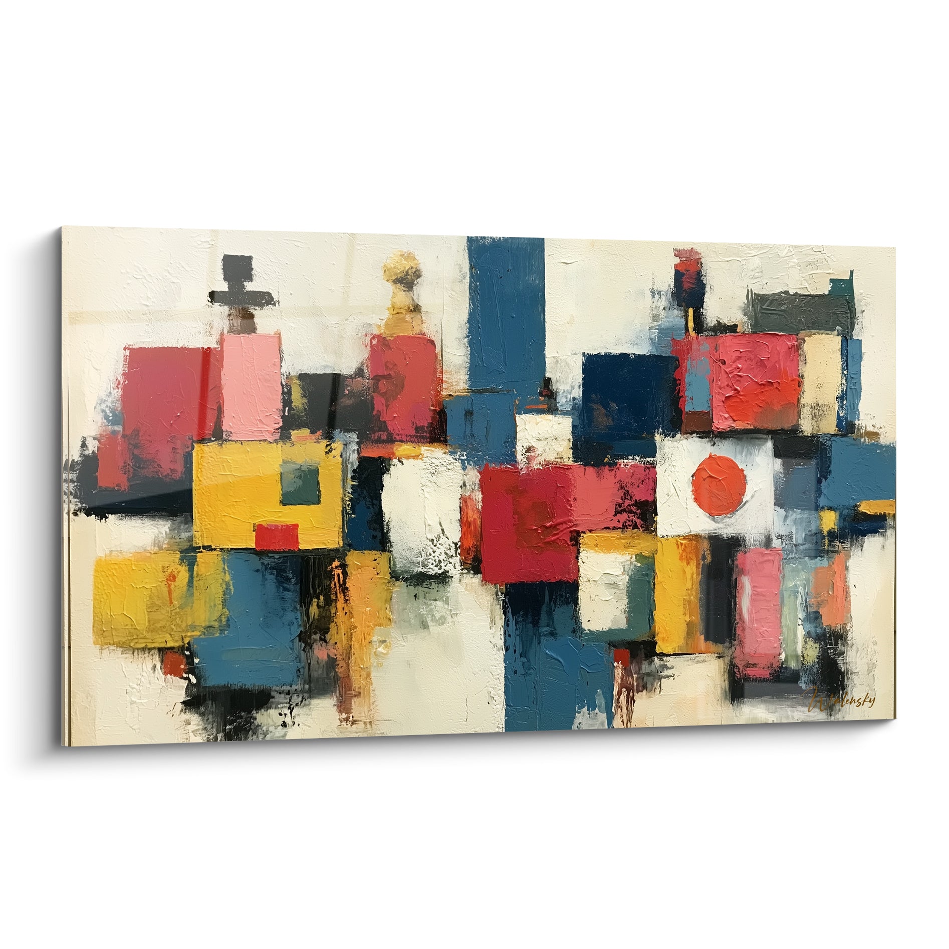 Composition urbaine en blocs bleu marine, rouge cerise et jaune moutarde, texture empâtée dense